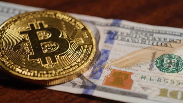 Gold bitcoin coin resting on a 100 us dollar bill, cryptocurrency and fiat currency exchange concept