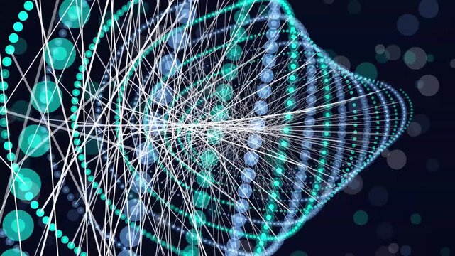 Glowing cyan and blue particles form a rotating geometric vortex structure with intersecting light lines