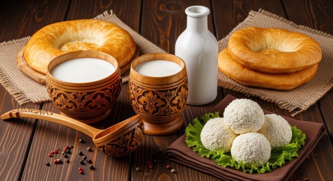 Traditional Central Asian Dairy Products with Kumis in Carved Wooden Bowls, Naan Bread and Kurt Balls