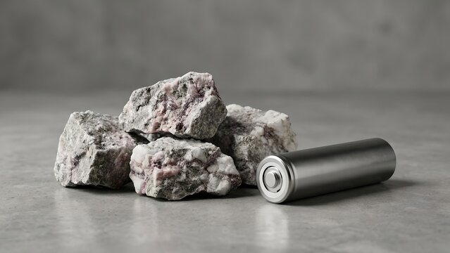 A battery lies next to a pile of raw mineral ore on a concrete surface. The composition suggests the origin of energy storage, connecting natural resources to modern technology