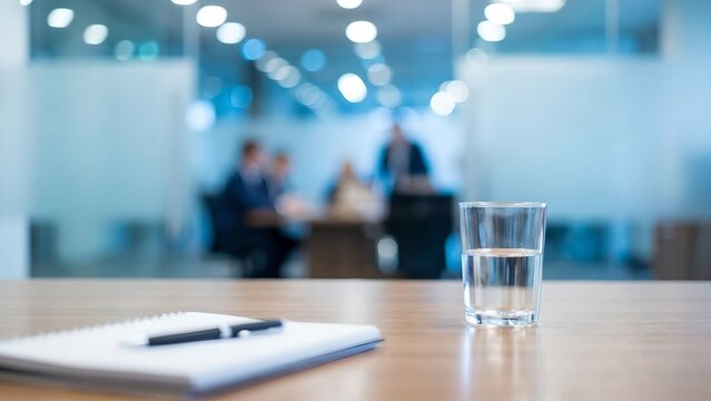 A serene meeting room setup with a notebook, pen, and a glass of water on a wooden table. In the background, blurred figures of people can be seen through glass walls.