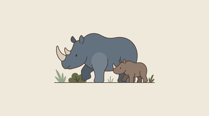 Mother and baby rhino walking in grass, illustration, safari animals, cute wildlife © Komsin