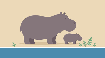 Mother Hippo and Calf Illustration - Gentle Safari Wildlife