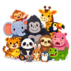 Obraz premium Cute cartoon animals grouped together, including a monkey, elephant, and panda.