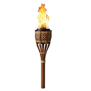 Traditional tiki torch with bright orange flame on wooden pole isolated on white background for decor