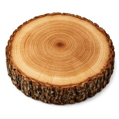 Obraz premium Close-up of a cross-cut tree trunk log slice with visible growth rings and bark.