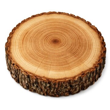 Close-up of a cross-cut tree trunk log slice with visible growth rings and bark.