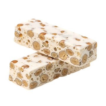 Two delicious almond nougat candy bars isolated on a clean white background for gourmet food imagery