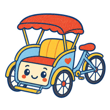 Adorable colorful rickshaw character in a vintage retro cartoon style.
