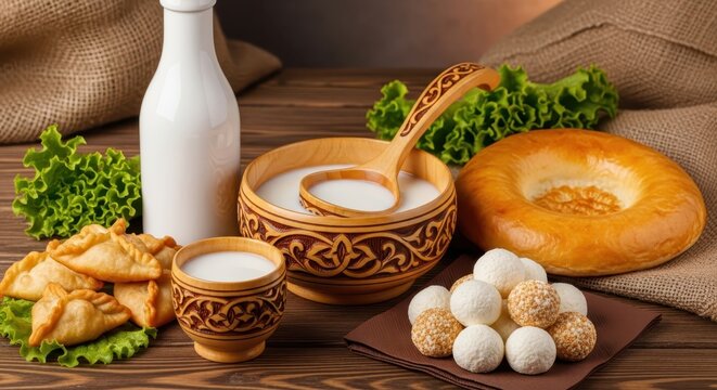 Traditional Central Asian Cuisine with Kumys, Baursak, Kurt, and Fresh Flatbread on a Rustic Wooden Table