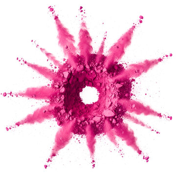 Explosion of vibrant pink cosmetic powder in a starburst shape isolated on white for beauty concept