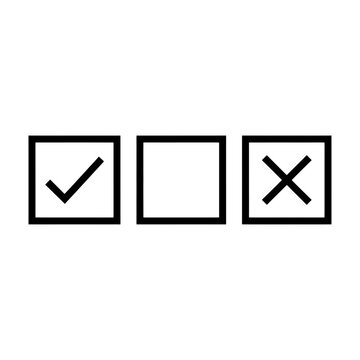 Set of black check mark and cross mark symbols inside square boxes isolated on white background