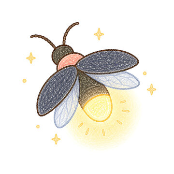 Stylized glowing firefly with artistic texture and golden stars on white.