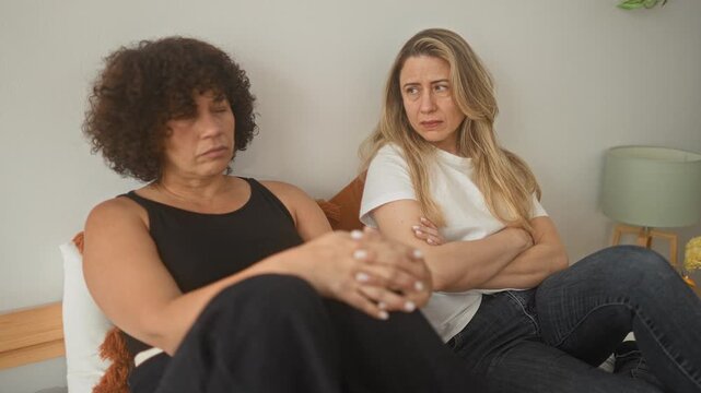 Woman and woman on bed sit with crossed arms and clasped hands, one looking away, the other staring downward in a building; tension estrangement.