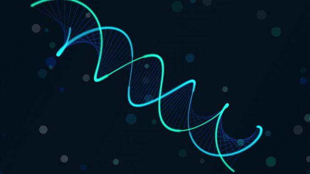 Glowing DNA double helix rotating in dark space to represent genetics research and medical science advancement