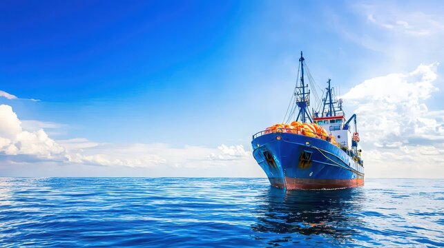 Modern fishing vessel navigates calm waters under bright blue sky, showcasing its vibrant colors and equipment