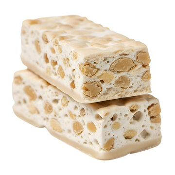 Two delicious white chocolate bars with crunchy macadamia nuts isolated on a clean white surface