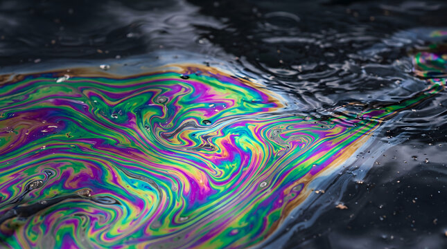 Oil slick rainbow interference colors on water