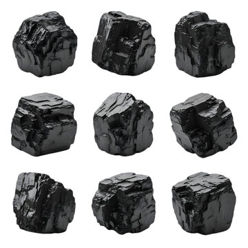 Set of nine raw black coal chunks isolated on white background for industrial energy power concepts