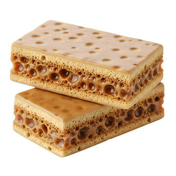 Two layers of sweet honeycomb toffee candy stacked on white background for confectionery advertising