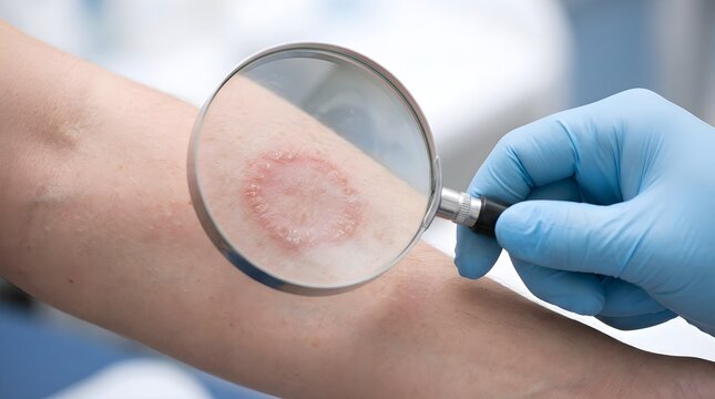 Doctor Examining Ringworm Rash with Magnifying Glass.