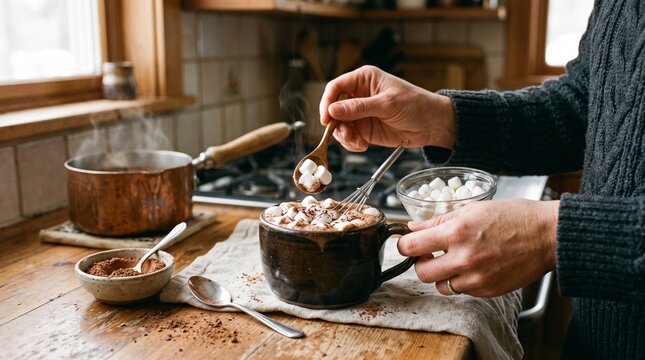 Person adding marshmallows to a steaming mug of hot chocolate in a cozy kitchen setting
