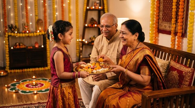 Indian Family Celebrates Diwali with Sweets and Lights, Grandparents and Granddaughter Share Festive Moment