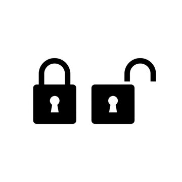 Black padlock icon showing locked and unlocked states on white background for security concept art