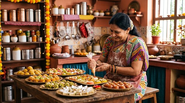 Indian Woman Decorating Traditional Sweets in a Festive Kitchen
