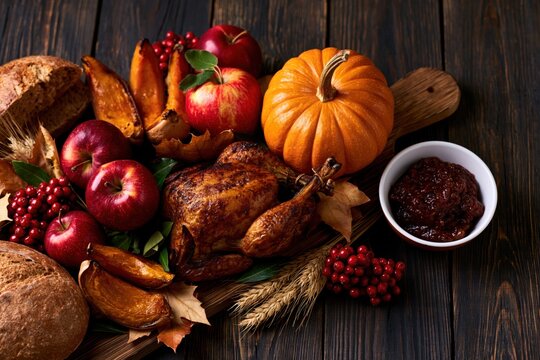 Thanksgiving Rustic Flat Lay with Roasted Turkey Pumpkin Apples Wheat and Copy Space on Dark Wooden Background