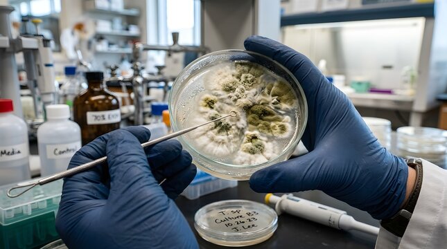 Scientist in Gloves Holding Petri Dish with Fungal Culture in Microbiology Lab.