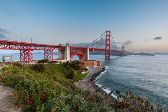 Beautiful Golden Gate Bridge and Fort Point at sunrise in San Francisco