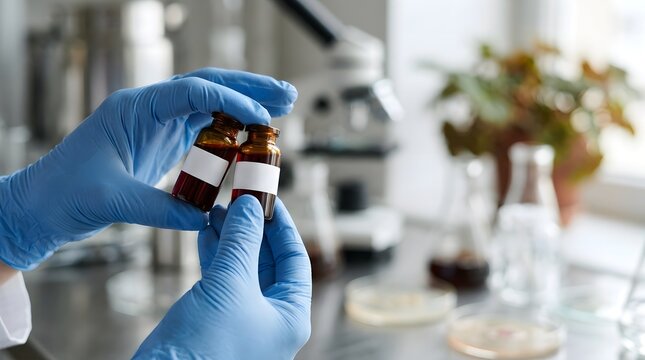 Researcher in Blue Gloves Holding Two Amber Vials with Blank Labels in Modern Laboratory.
