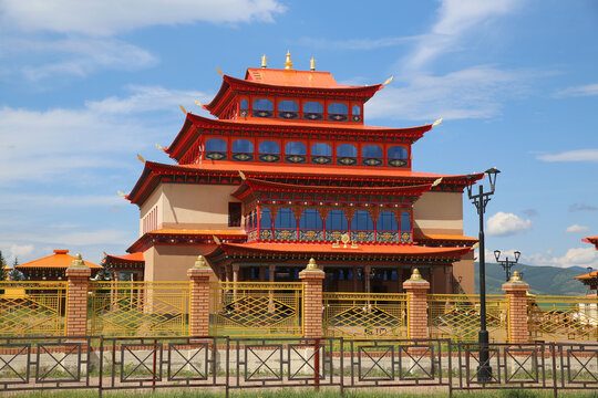Historical monument Ivolginsky datsan "Khambyn Khuree", buddist temple, beautiful architecutral landmark, sight. Buryat architecture, building facade in Ulan-Ude city, Russia