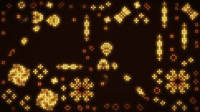 Cellular automaton pixel grid with Game of Life gliders and blinking oscillators, seamless loop in soft amber tones