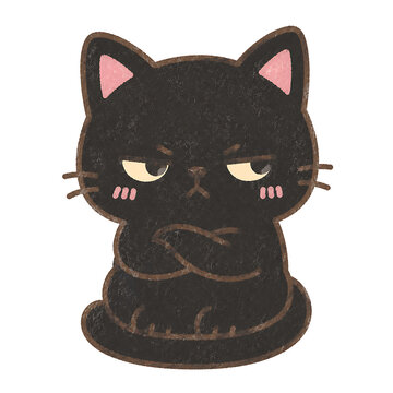Cute grumpy black cat illustration with folded arms and a cross expression.