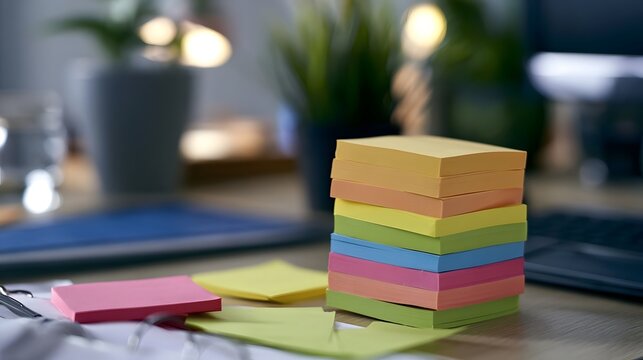 Stack of colorful sticky notes on a wooden desk beside office plants and laptop in soft lighting