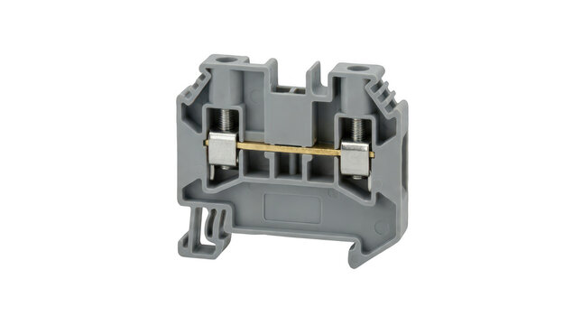 Essential grey electrical terminal block used for connecting wires safely in industrial and home automation systems transparent background