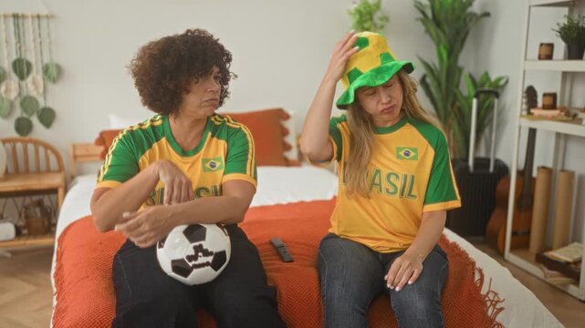 Two women sit on a bed wearing brazil shirts, holding a soccer ball while one touches her chin and the other clutches a green hat in building; disappointment friendship.