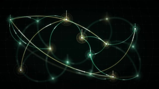 Global currency flow network with glowing value streams arcing between financial hubs seamless loop in calm black tones
