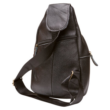 Dark brown textured leather chest sling bag isolated on white background. Men casual crossbody backpack with adjustable strap studio shot