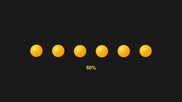 Loading progress bar with yellow dots and 50 percent indicator on a dark background for web design and user interface concepts