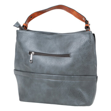 Grey leather women hobo bag with brown handle and zipper pocket isolated on white background. Casual female shoulder handbag front view