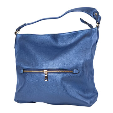 Metallic blue leather women hobo bag with front zipper pocket isolated on white background. Stylish blue shoulder handbag studio shot