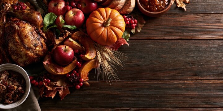 Thanksgiving Rustic Flat Lay with Roasted Turkey Pumpkin Apples Wheat and Copy Space on Dark Wooden Background