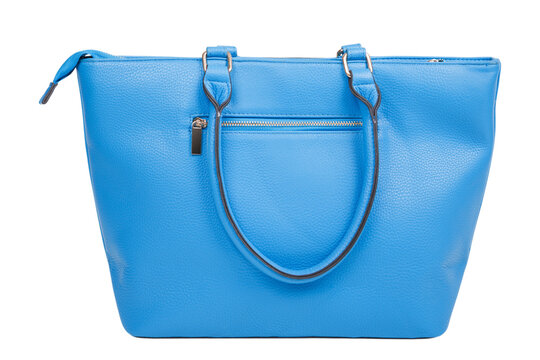 Bright blue leather women tote bag with zipper pocket isolated on white background. Stylish azure female handbag with handles studio shot