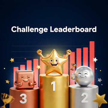 Three dimensional gamified challenge leaderboard scene with podium numbers gold star trophy and rising performance growth bar chart concept