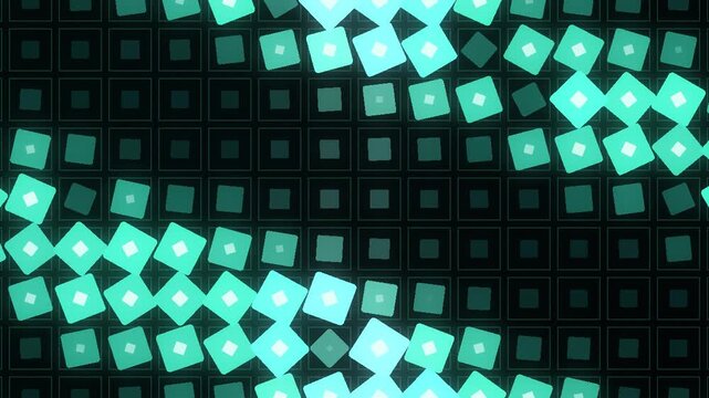 Square grid tiles rotating and scaling in staggered eased waves motion graphics background seamless loop in calm teal tones