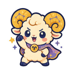 Fototapeta premium Adorable chibi Aries ram with golden horns and a purple cape.