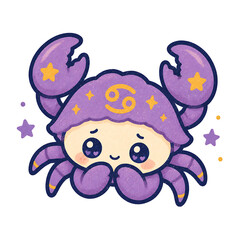 Fototapeta premium Adorable purple crab cartoon representing the Cancer zodiac sign with stars.